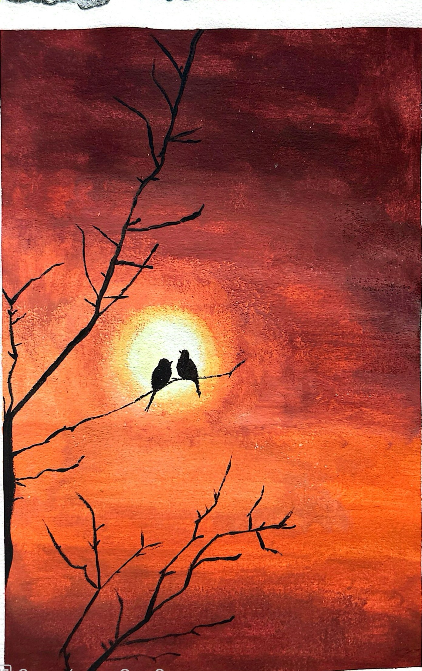 Peinture de Chloé Papegaey — deux oiseaux au coucher de soleil